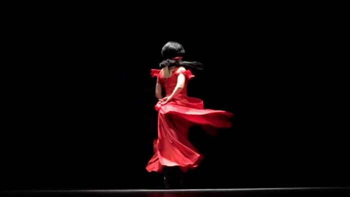 An attractive dancer is dancing spanish flamenco.
